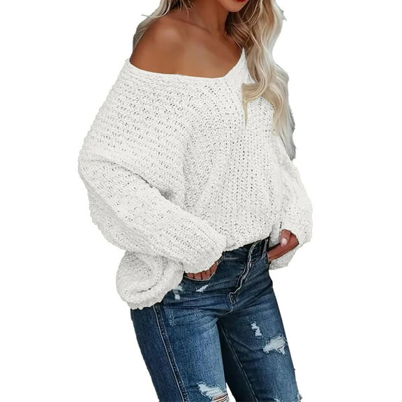 Comdrip off The Shoulder Tops for Women, Women's off The Shoulder Sweater Loose Lightweight Pullover Top V Neck Hollow Knitted Long Sleeved Solid Color Autumn Oversized Sweaters for Women White S