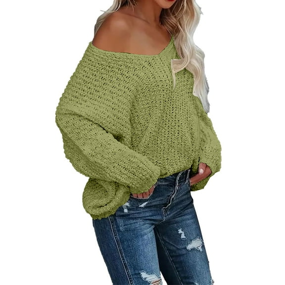 Comdrip off The Shoulder Tops for Women, Women's off The Shoulder Sweater Loose Lightweight Pullover Top V Neck Hollow Knitted Long Sleeved Solid Color Autumn Oversized Sweaters for Women Green XL
