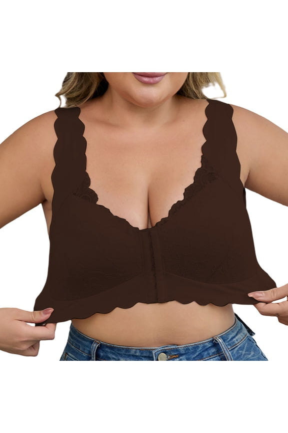 Sleep Bras for Women, Front Buttoned Back Lace Thin Bra Plus Size Close in Bra for Women Mastectomy Bras for Women Coffee 2XL
