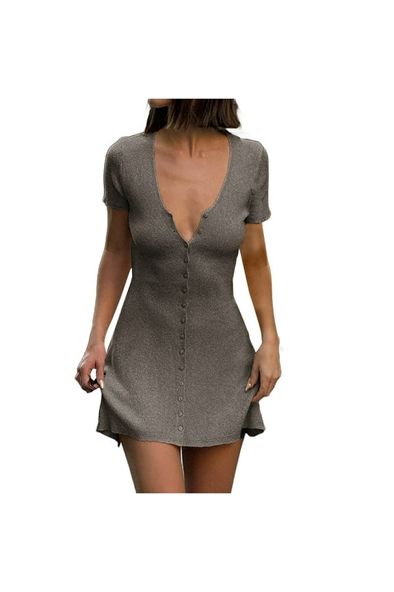 Sleep Shirts for Women, Summer Solid Color French Street Buttoned Waist Cinching A Line Skirt Casual Knit Short Sleeve Dress for Trendy Women Night Gown Grey S