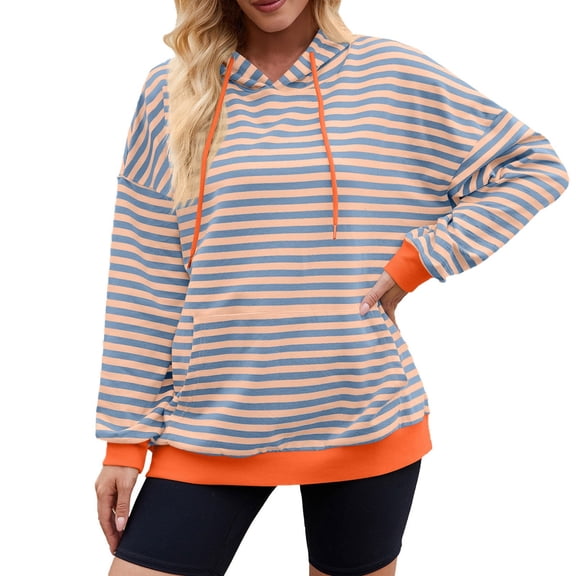 Comdrip Striped Hoodie, Hoodies for Women Fall Fashion 2025 Long Sleeve Striped Sweatshirts Casual Loose Sweatshirt with Drawstring Oversized Long Sleeve Shirts for Women orange S
