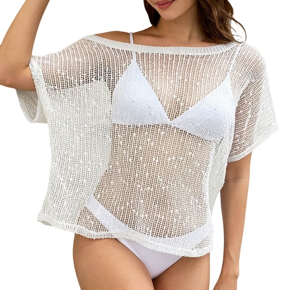 Comdrip Summer Hollow Out Short Sleeve Tops See Through Glitter Knit Top Casual Mesh Sheer Pullover Blouse White M