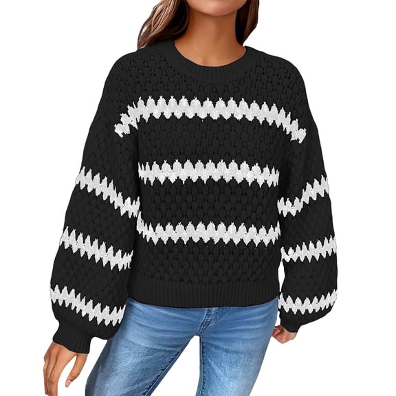 Comdrip Sweaters for Women Fall, Womens Loose Knit Oversized Sweaters Casual Long Sleeve Striped Pullover Round Neck Pullover for Women Fall Sweaters 2025 Black XL