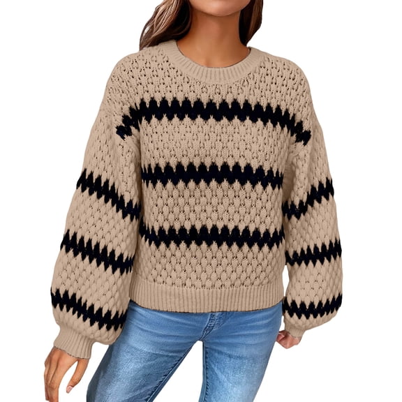 Comdrip Sweaters for Women Fall, Womens Loose Knit Oversized Sweaters Casual Long Sleeve Striped Pullover Round Neck Pullover for Women Fall Sweaters 2025 Khaki S