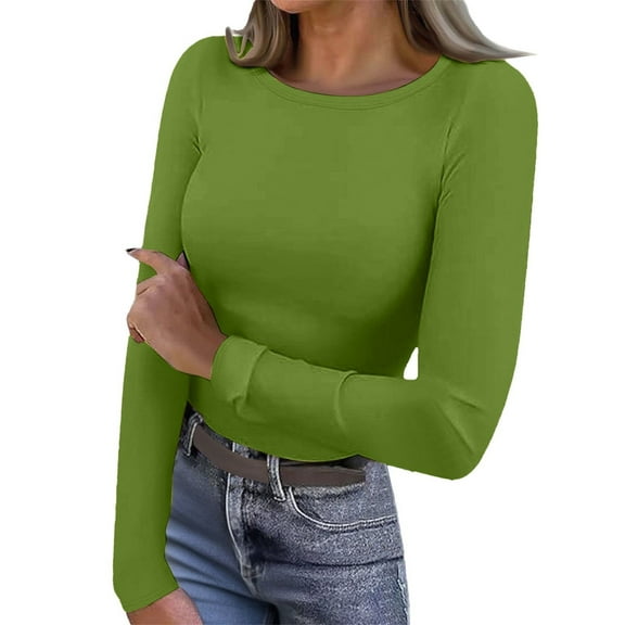 Comdrip Thermal Tops for Women, Long Sleeve Shirt for Women Light Fleece Tops Spring 2025 Crew Neck Casual Basic T Shirts Thermal Long Sleeve Women Green L