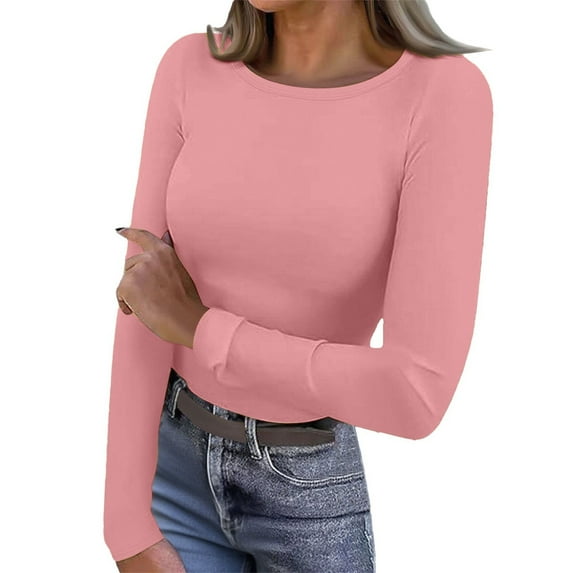 Comdrip Thermal Tops for Women, Long Sleeve Shirt for Women Light Fleece Tops Spring 2025 Crew Neck Casual Basic T Shirts Thermal Long Sleeve Women Pink 3XL