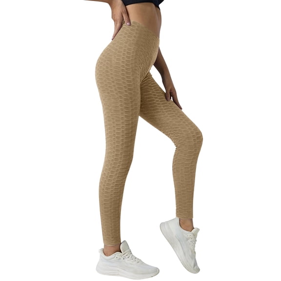 Comdrip Tummy Control Butt Lifting Leggings Women's Bubble Hip Lifting Fitness Running High Waist Yoga Pants Leggings for Women Khaki XS
