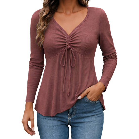 Comdrip V Neck Tops for Women, Women's V Neck Peplum Ruched Front Long Sleeve Solid Color Casual Blouse Tops Womens Tunic Tops Brick Red L