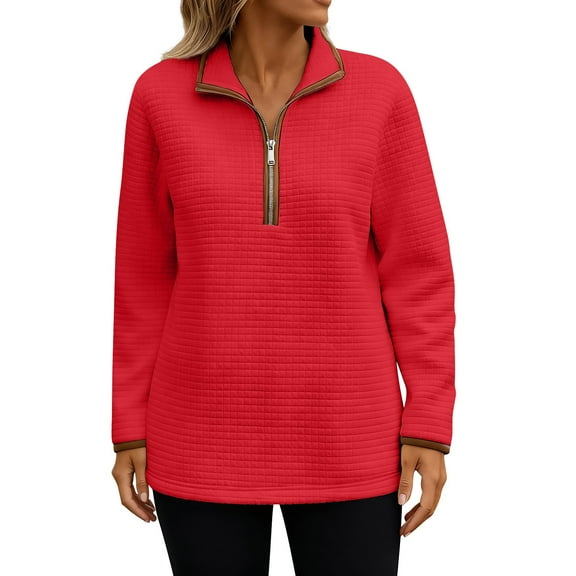 Comdrip Waffle Pullover Women, Women's Casual Half Zip Top Shirt High Collar Long Sleeve Shirt Y2K Loose Waffle Knit Lapel Pullover Sweatshirts Womens Quarter Zip Red 3XL