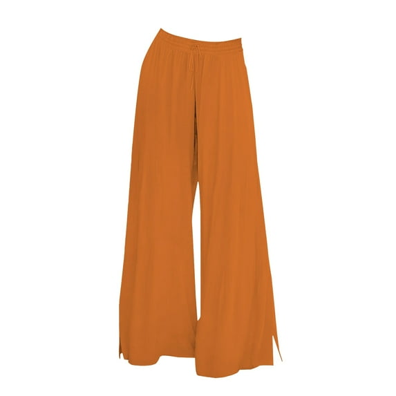 Comdrip Wide Leg Pants, Women's Solid Color Drawstring Wide Leg Trousers Light Weight Pants for Women Summer orange L
