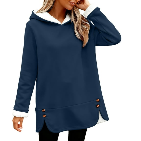 Comdrip Winter Hoodies for Women, Women's Winter Warm Hoodies Fleece Lined Sweatshirt Long Sleeve Fuzzy Warm Pullover Winter Clothes Fleece Pullover Women Blue 2XL