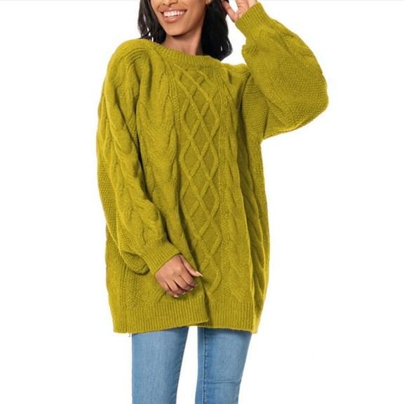 Comdrip Woman Sweater, Fashion Sweaters Women's Chunky Knit Pullover Crew Neck Comfortable Long Sleeve Cable Sweater Lightweight Top Womens Fall Sweaters Yellow M