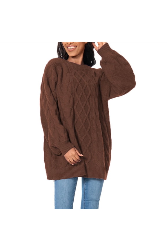 Woman Sweater, Fashion Sweaters Women's Chunky Knit Pullover Crew Neck Comfortable Long Sleeve Cable Sweater Lightweight Top Womens Fall Sweaters Coffee L