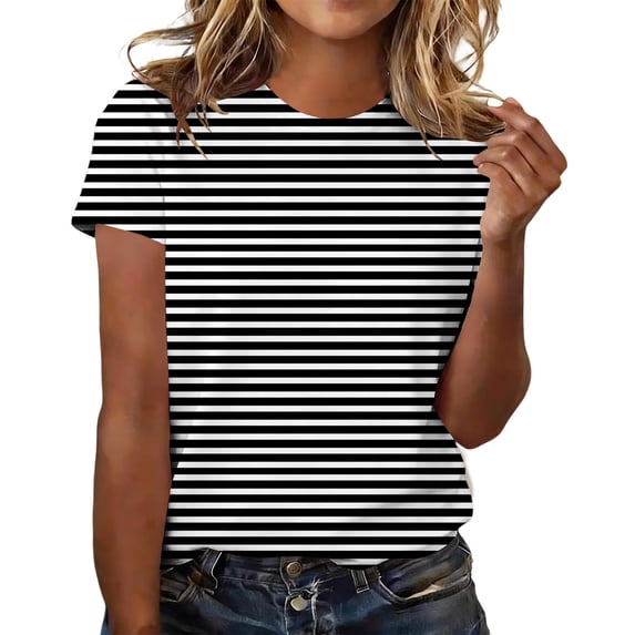 Comdrip Women Short Sleeve Striped Crew Neck Trendy Comfy Lightweight Summer Tops Casual Basic Versatile Daily Office Tee Shirts Black L