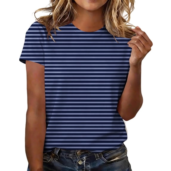 Comdrip Women Short Sleeve Striped Crew Neck Trendy Comfy Lightweight Summer Tops Casual Basic Versatile Daily Office Tee Shirts Dark Blue L