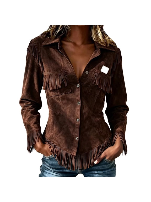 Women Western Fringe Jacket 2026 Fall Lapel Collar Button down Long Sleeve Shirt Coat with Pockets Brown XXL