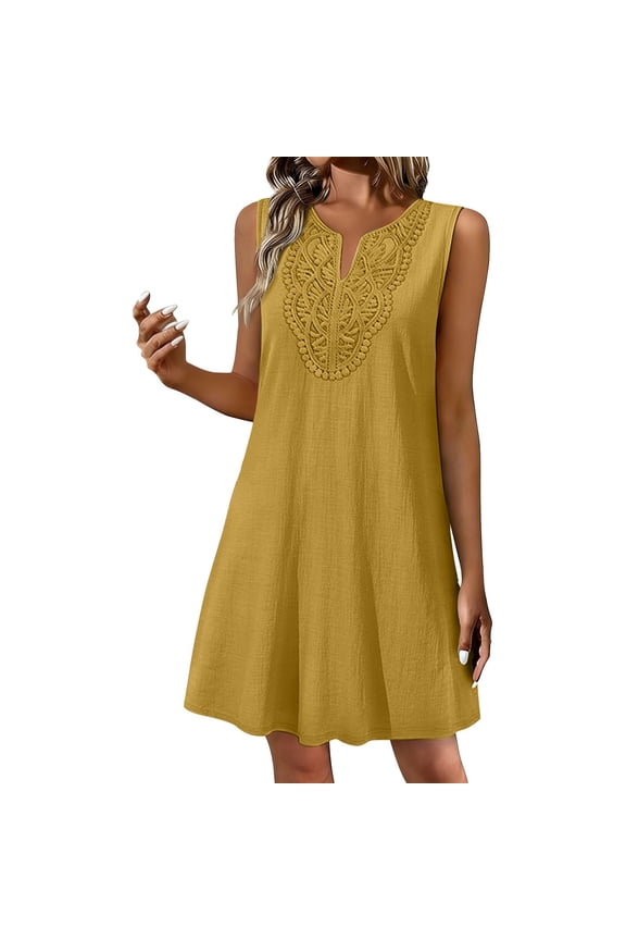Women's 2026 Summer Mini Dress Spring Casual V Neck Floral Embroidered Ruffle Sleeveless Shift Flowy Boho Dress Sundress Gold M