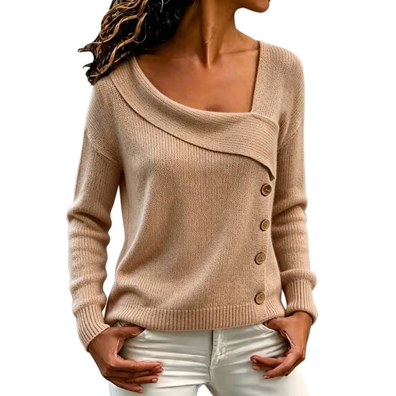 Comdrip Women's Asymmetrical Off Shoulder Knit Sweater Long Sleeve Loose Fit Wrap Fall Pullover with Side Buttons Coffee L