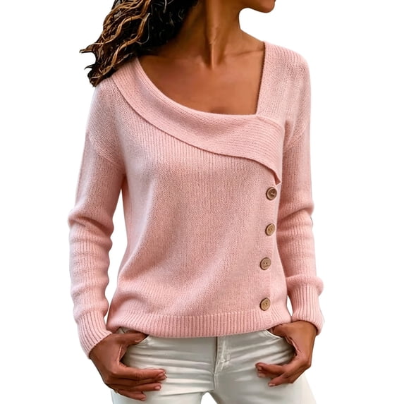 Comdrip Women's Asymmetrical Off Shoulder Knit Sweater Long Sleeve Loose Fit Wrap Fall Pullover with Side Buttons Pink XXL