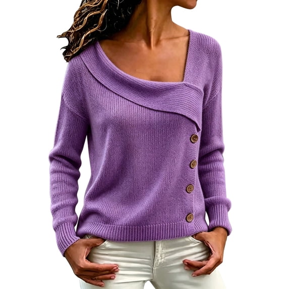 Comdrip Women's Asymmetrical Off Shoulder Knit Sweater Long Sleeve Loose Fit Wrap Fall Pullover with Side Buttons Purple XXL