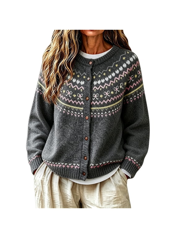 Women's Bow Star Wavy Print Knit Cardigan Button Front Long Sleeve Lightweight Layering Sweater Jacket for Fall Winter Grey S