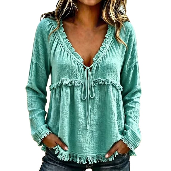 Point Cut Fringe Comdrip Women's Fringe Trim V Neck Tie Front Blouse Tops Loose Long ...