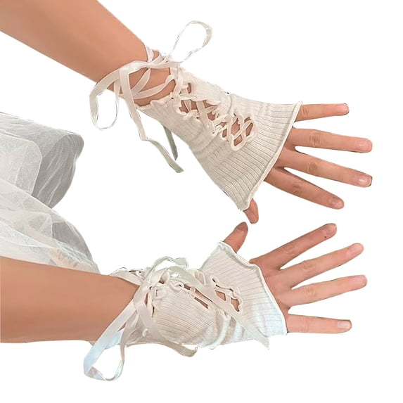 Comdrip Women's Jk Lace Fingerless Cute Gothic Ruffled Cuff Strapping Sunscreen Lightweight Sleeve Elastic Mesh Punk Gloves Beige