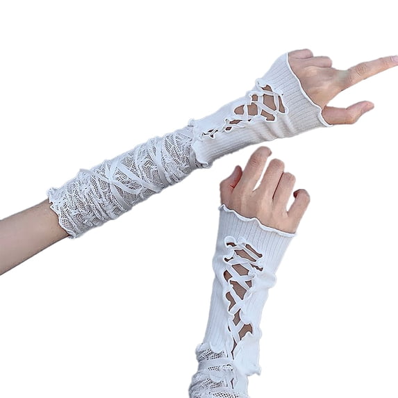 Comdrip Women's Jk Lace Fingerless Cute Gothic Ruffled Cuff Strapping Sunscreen Lightweight Sleeve Elastic Mesh Punk Gloves White
