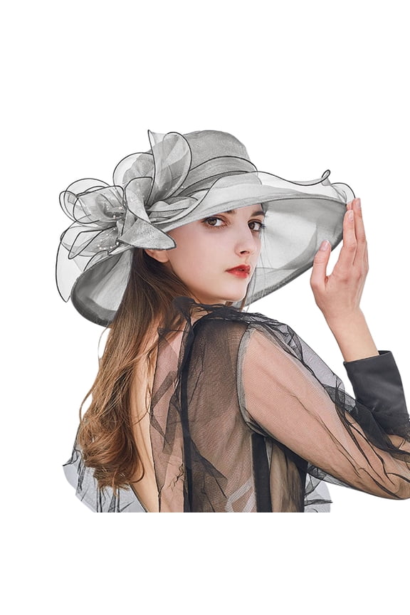 Women's Kentucky Derby Church Lightweight Floppy Trendy Dress Hat Wide Brim Leaf Flower Bridal Shower Hat Grey One Size