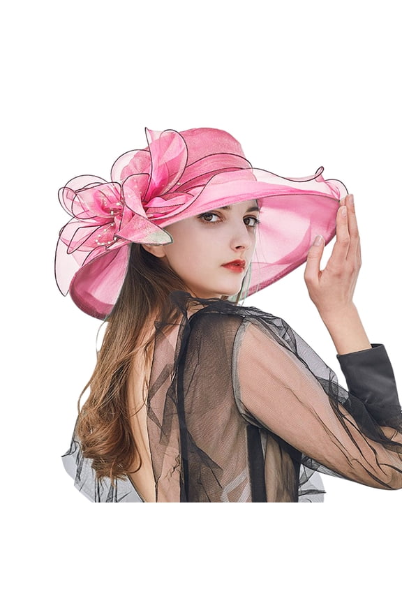 Women's Kentucky Derby Church Lightweight Floppy Trendy Dress Hat Wide Brim Leaf Flower Bridal Shower Hat Hot Pink One Size