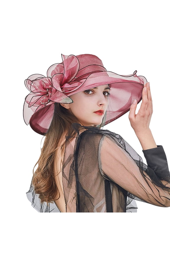 Women's Kentucky Derby Church Lightweight Floppy Trendy Dress Hat Wide Brim Leaf Flower Bridal Shower Hat Wine One Size