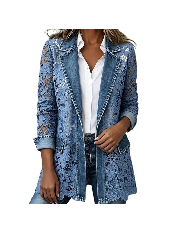 Women's Lace Patchwork Denim Jacket Tops Long Sleeve Slim Fit Casual Fall Jean Outer Coat Blue L