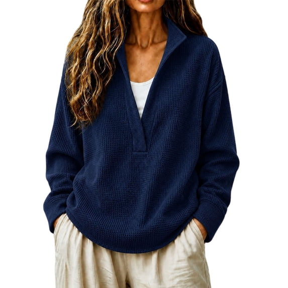 Comdrip Women's Long Sleeve Classic V Neck Pullover Sweater Casual Loose Fall Winter Knitted Fashion Formal Daily Wear Navy S