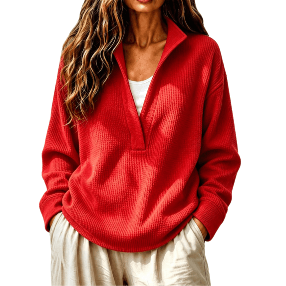 Comdrip Women's Long Sleeve Classic V Neck Pullover Sweater Casual Loose Fall Winter Knitted Fashion Formal Daily Wear Red L