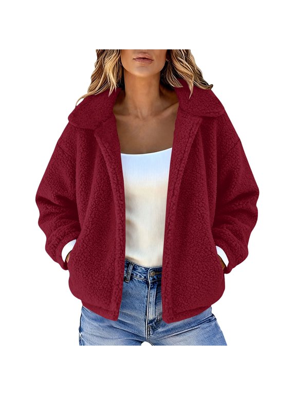 Women's Short Fleece Jacket No Hood Full Zip Warm Outerwear with Side Pockets for Hiking, Travel, Outdoor Camping Red XL