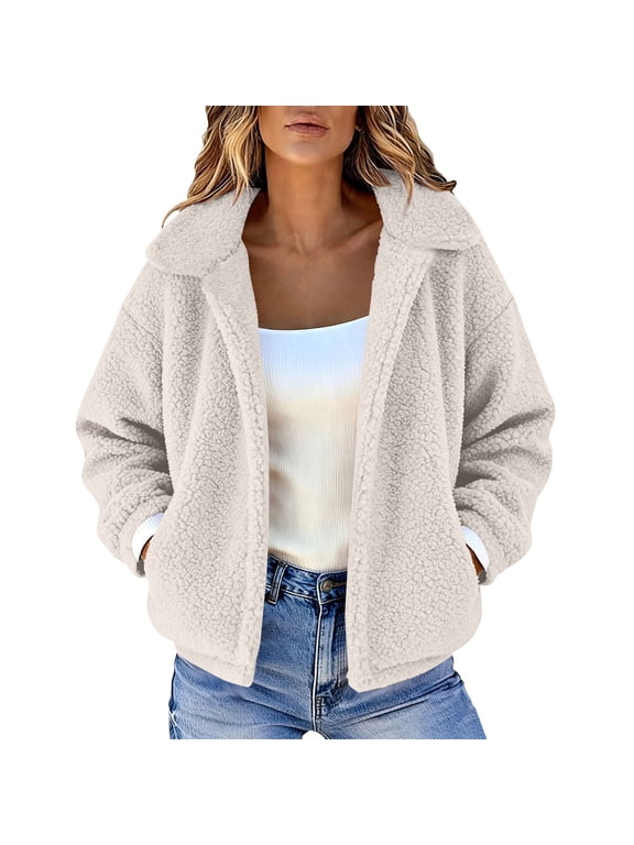 Women's Short Fleece Jacket No Hood Full Zip Warm Outerwear with Side Pockets for Hiking, Travel, Outdoor Camping White XL