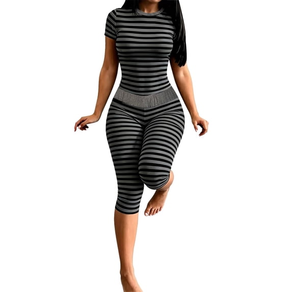 Comdrip Women's Striped Two Piece Loungewear Set Cropped Top And High Waist Leggings Casual Outfit Grey S