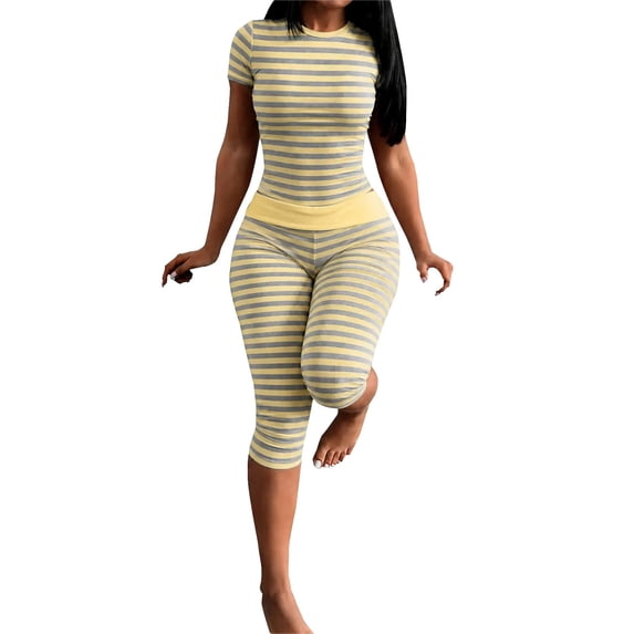 Comdrip Women's Striped Two Piece Loungewear Set Cropped Top And High Waist Leggings Casual Outfit Yellow S