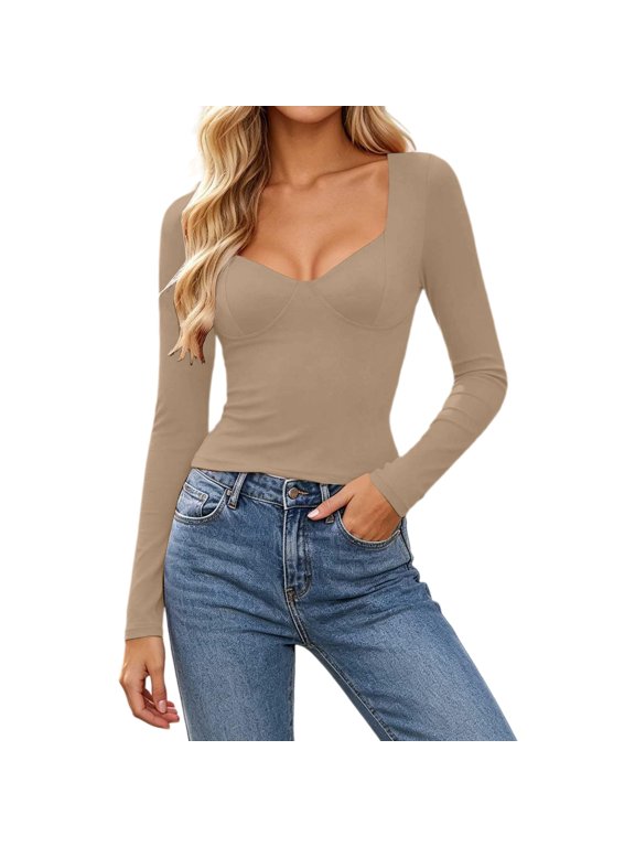 Women's Sweetheart Neck Long Sleeve Crop Top Casual Slim Fit Fashion Blouse Shirt for Dating, Club, Casual Party Khaki XL