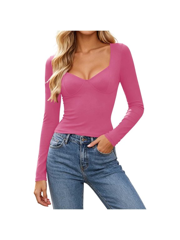 Women's Sweetheart Neck Long Sleeve Crop Top Casual Slim Fit Fashion Blouse Shirt for Dating, Club, Casual Party Pink A