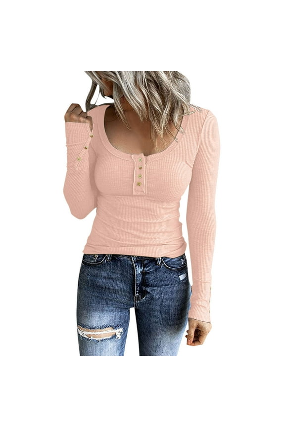 Women's U-Neck Fitted Long Sleeve Basic Tee Women's Long Sleeve Tunic Tops Pink M