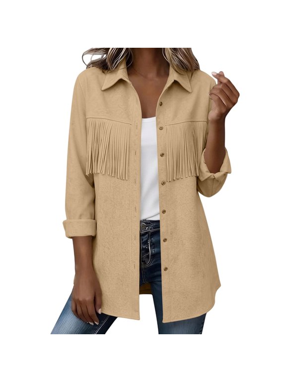 Women's Western Fringe Shacket Long Sleeve Button down Texture Casual Shirt Jacket Beige M
