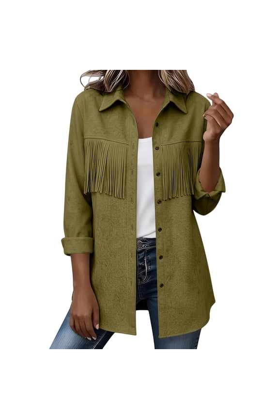Women's Western Fringe Shacket Long Sleeve Button down Texture Casual Shirt Jacket Green S