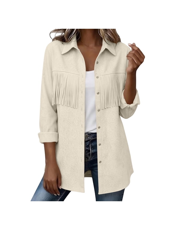 Women's Western Fringe Shacket Long Sleeve Button down Texture Casual Shirt Jacket White M