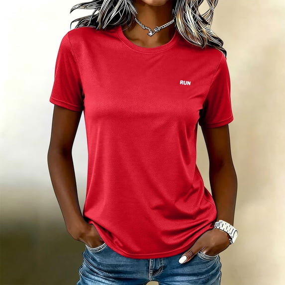 Comdrip Women's Workout Short Sleeve Crew Neck Loose Lightweight Cute Shirts Upf 50+ Quick Dry Athletic Sun Protection Rash Guard Tops Red M