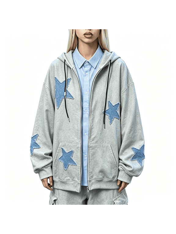 Women's Zip up Hooded Jacket Star Graphic Long Sleeve Oversized Sweatshirt with Pockets Grey L