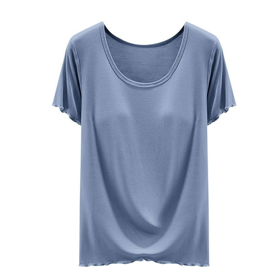 Comdrip Womens Basic Tops, Women's Bra T Shirt Loose Summer Thin Home Clothing Tops Women's Chest Pad Base Sweat Shirt Short Sleeves Chest Pad T Shirt Summer Tees for Women 2025 Blue M