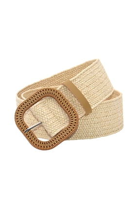 Womens Belts for Dress, Straw Woven Belt Elastic Stretch Rattan Buckle Waist Belt Women Skinny Raffia Dress Waist Band Stretchy Belt for Women White one Size