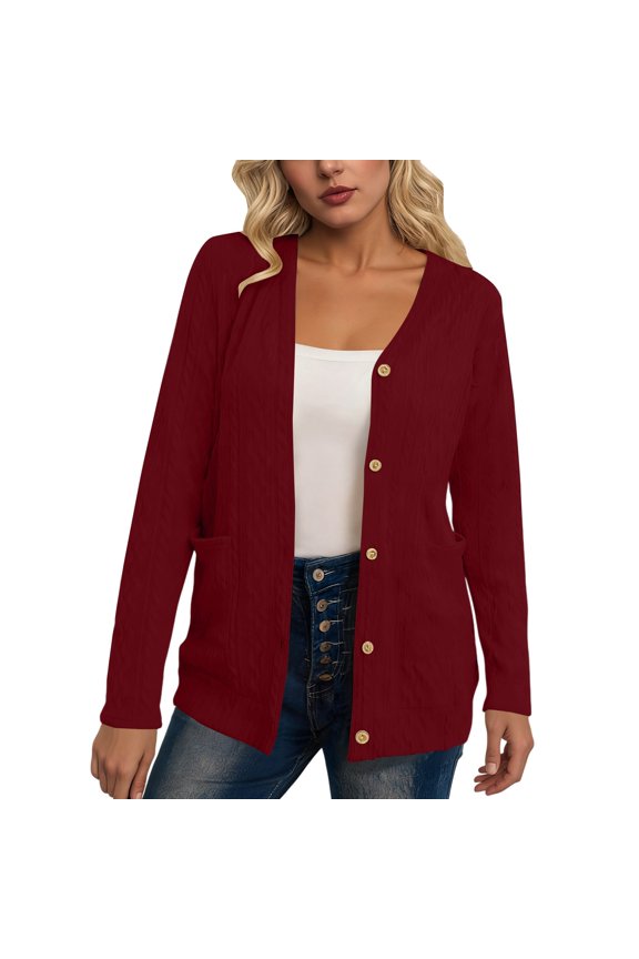 Womens Cardigan Sweaters, Women's V Neck Open Front Sweaters Button Down Cable Knit Clothes Outerwear Ladies Cardigan Sweaters Red 2XL