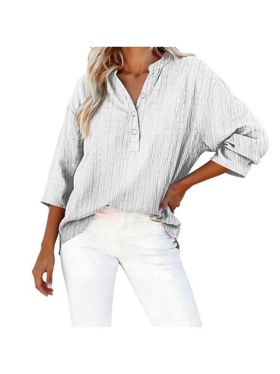 Womens Casual Button V Neck Long Sleeve Wave Crests Shirts Lightweight Oversized Solid Blouses Tops White S